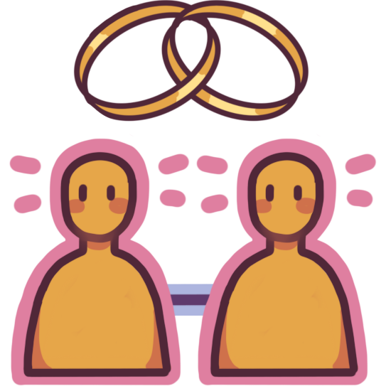 two people highlighted in pink and connected by a purple line, with a pair of interlocking rings above them.